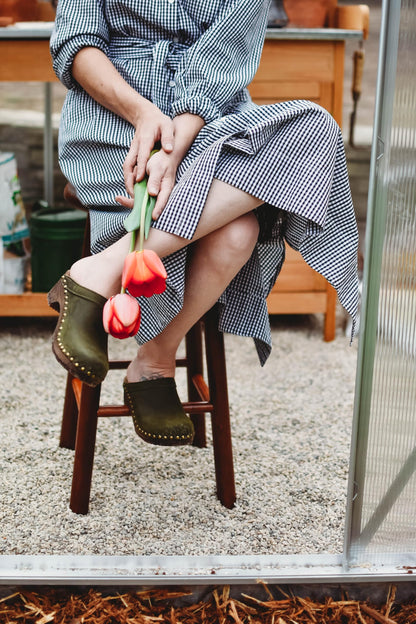 Sandgrens Handmade Swedish Wood Clogs for Women, Low Heel Mule US 9 | Athens Olive Nubuck DK, EU 40