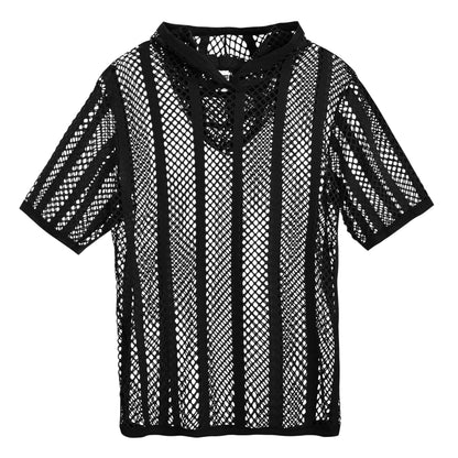 SUMABA Men's Sexy Fishnet Black Mesh Shirt Men Short Sleeve See Through Sheer Hoodies Pullover, Black M