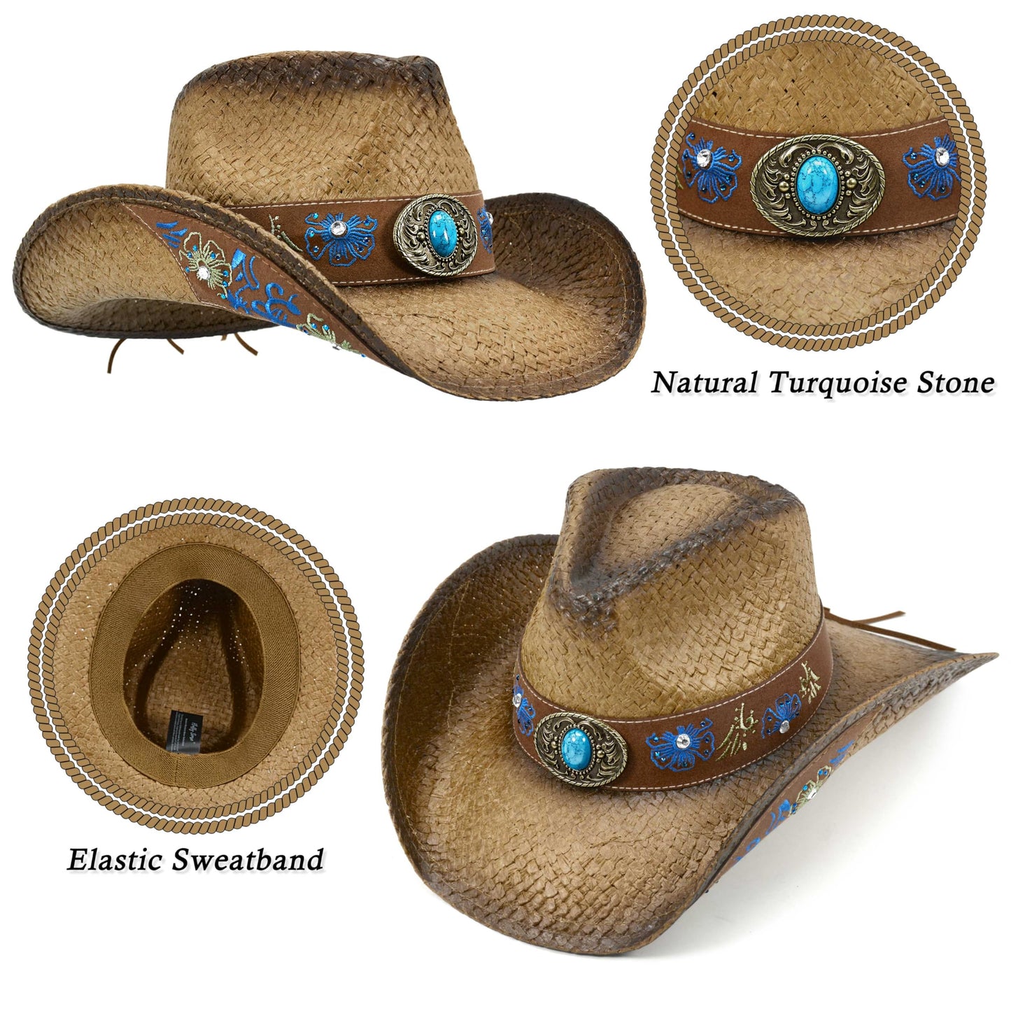 FLUFFY SENSE. Cowboy Hats for Women and Men Straw Western Hat Embroidered Cowboy Hat for Cowboys and Cowgirls (US, Alpha, Medium, Large, Brown)