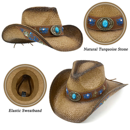 FLUFFY SENSE. Cowboy Hats for Women and Men Straw Western Hat Embroidered Cowboy Hat for Cowboys and Cowgirls (US, Alpha, Medium, Large, Brown)