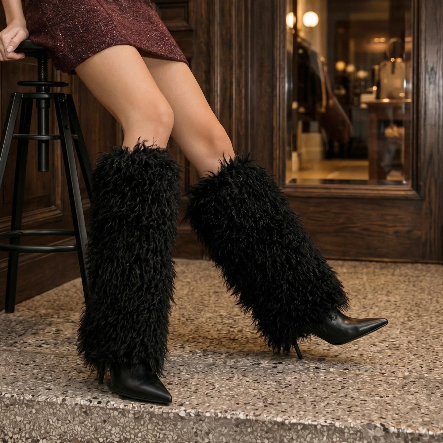 Fuzzy Knee High Fold Over Stiletto Heel Boots Black 10