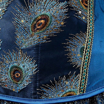 Jutrisujo Corset Top for Women Lingerie Bustier Plus Size Embroidery Peacock Feather Halloween Blue M