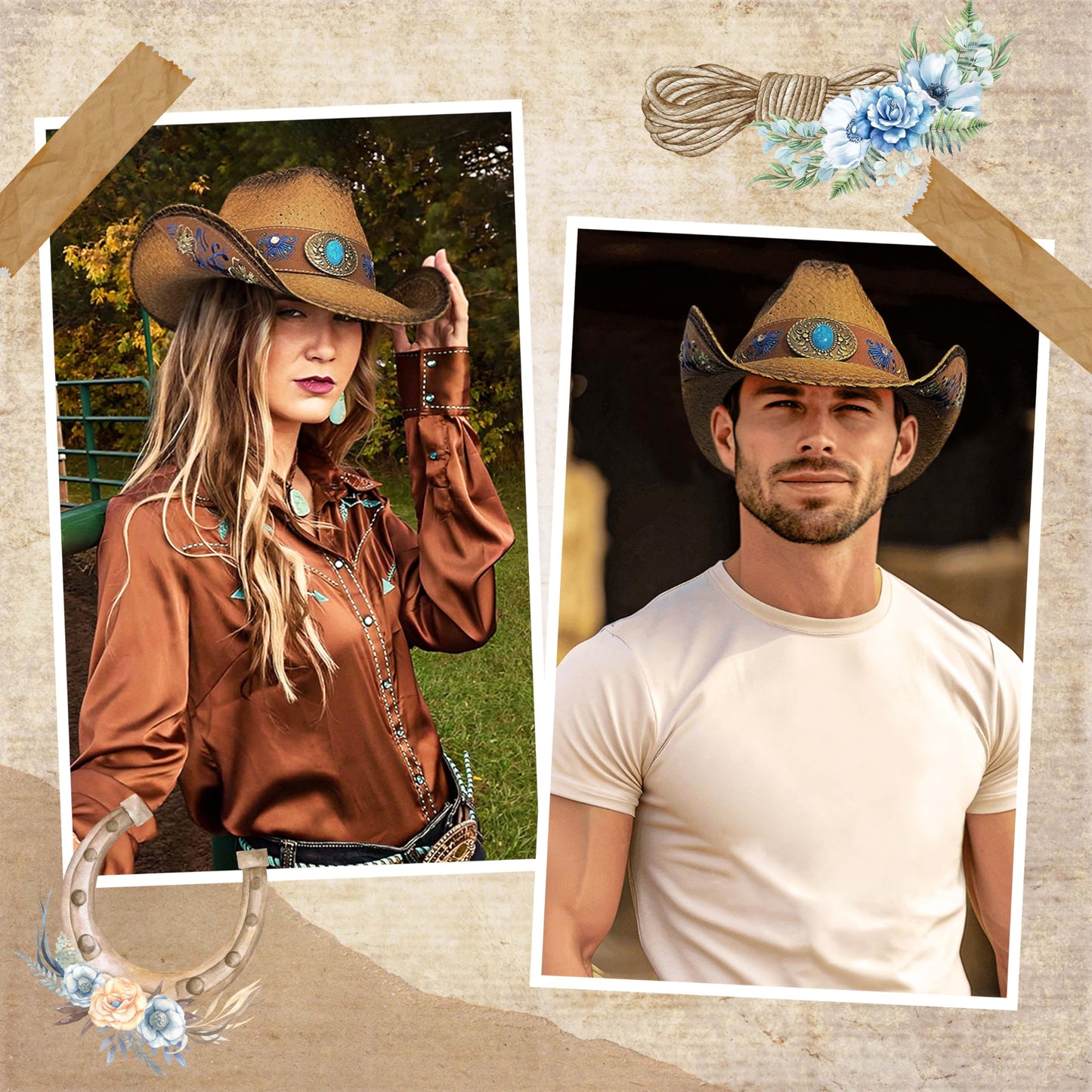FLUFFY SENSE. Cowboy Hats for Women and Men Straw Western Hat Embroidered Cowboy Hat for Cowboys and Cowgirls (US, Alpha, Medium, Large, Brown)