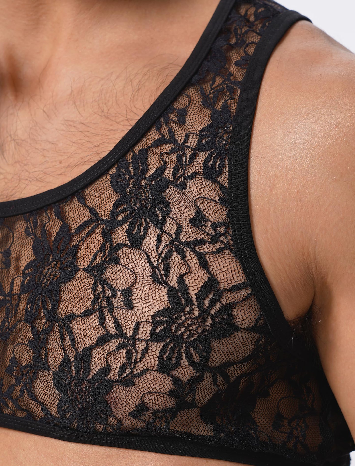 ABAFIP Men's Sissy Lace Muscle Tank Floral Crop Top Semi Transparent Sheer Mesh Vest Half Top Undershirt Black Large