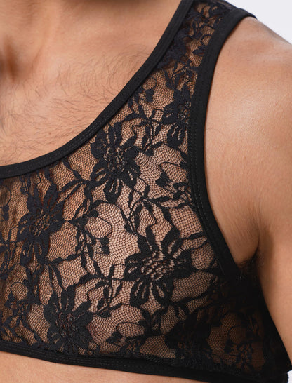 ABAFIP Men's Sissy Lace Muscle Tank Floral Crop Top Semi Transparent Sheer Mesh Vest Half Top Undershirt Black Large
