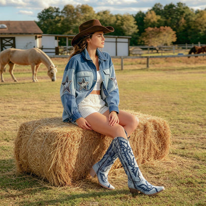FIFSY Light Blue Denim Cowboy Boots for Women Embroidered Jean Knee High Cowgirl Boots Pointed Toe Chunky Heel Vintage Western Boots， US10