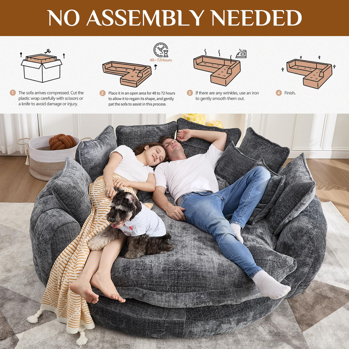 BEQAI 81" Round Sofa Bed, Oversized Chenille Bean Bag Couch, Dark Gray