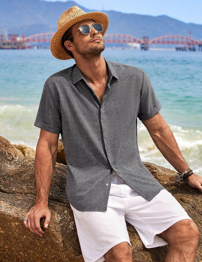 COOFANDY Men's Linen Wedding Shirts - Short Sleeve, Button Up, Casual, Relaxed-Fit Dark Grey