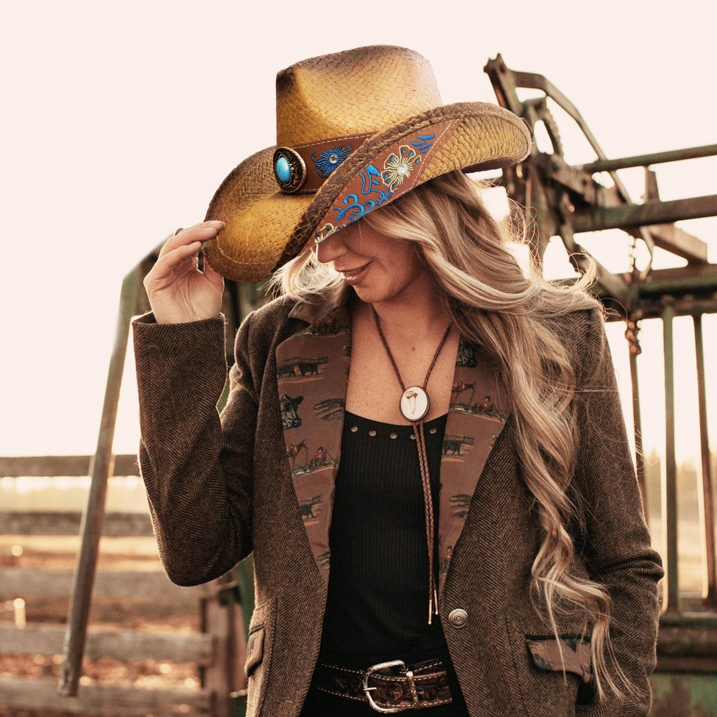FLUFFY SENSE. Cowboy Hats for Women and Men Straw Western Hat Embroidered Cowboy Hat for Cowboys and Cowgirls (US, Alpha, Medium, Large, Brown)