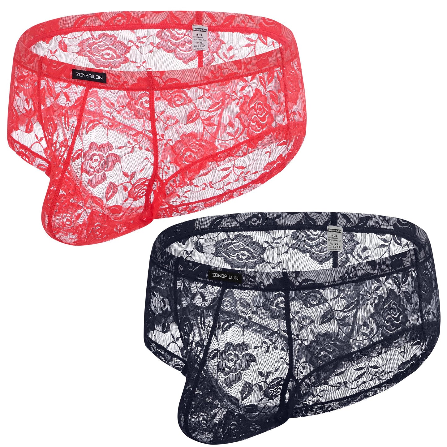 ZONBAILON Men's Lace Bikini Briefs - Sheer Underwear Pouch Silk Boxers Breathable Panties