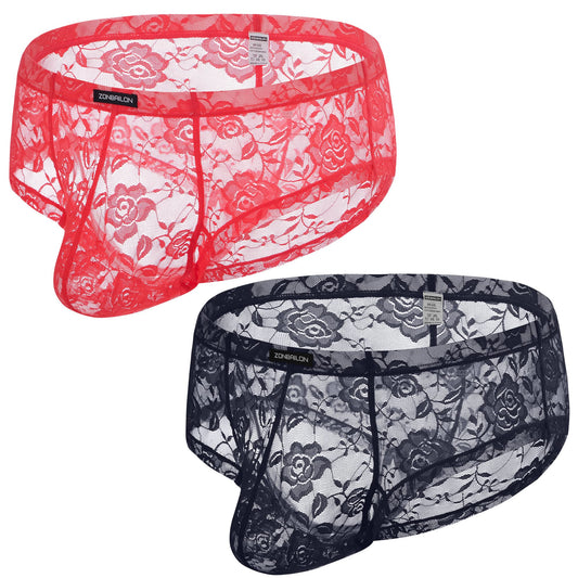 ZONBAILON Men's Lace Bikini Briefs - Sheer Underwear Pouch Silk Boxers Breathable Panties