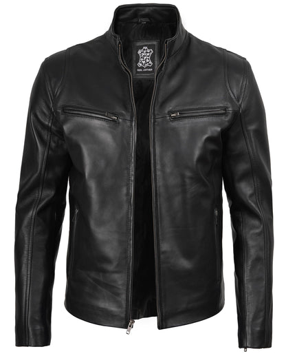 fjackets Leather Black Jacket Men - Real Lambskin Clinton Black Leather Jackets For Men's | [1100442] S