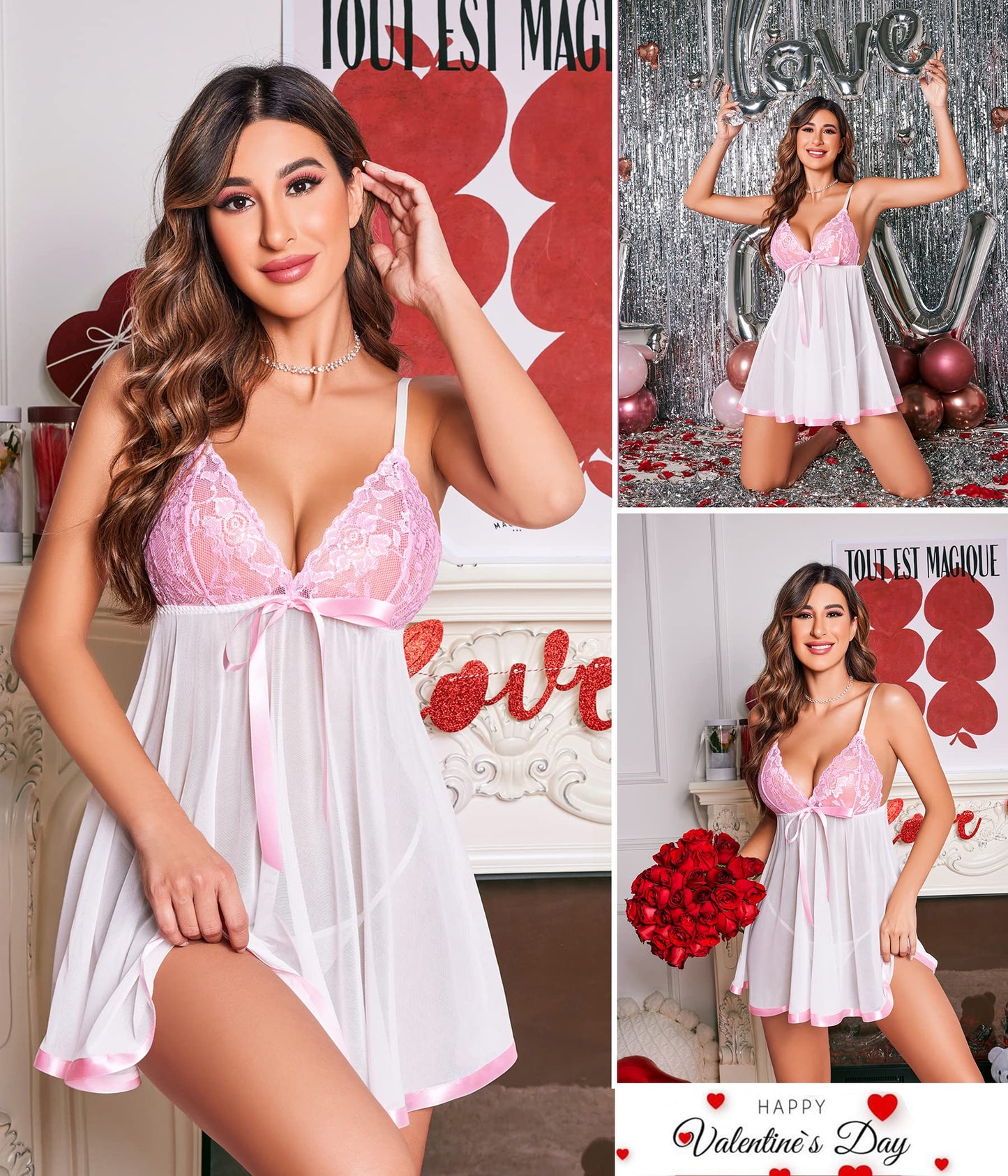 Sissy Lace Babydoll Strap Sleepwear Sheer Chemise V neck Teddy White S