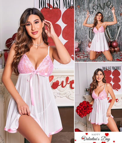 Sissy Lace Babydoll Strap Sleepwear Sheer Chemise V neck Teddy White S