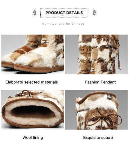 AU&MU AUMU Women Sheepskin Fur Wooden Bead String Stylish Knee High Winter Snow Boots Chestnut Size 9