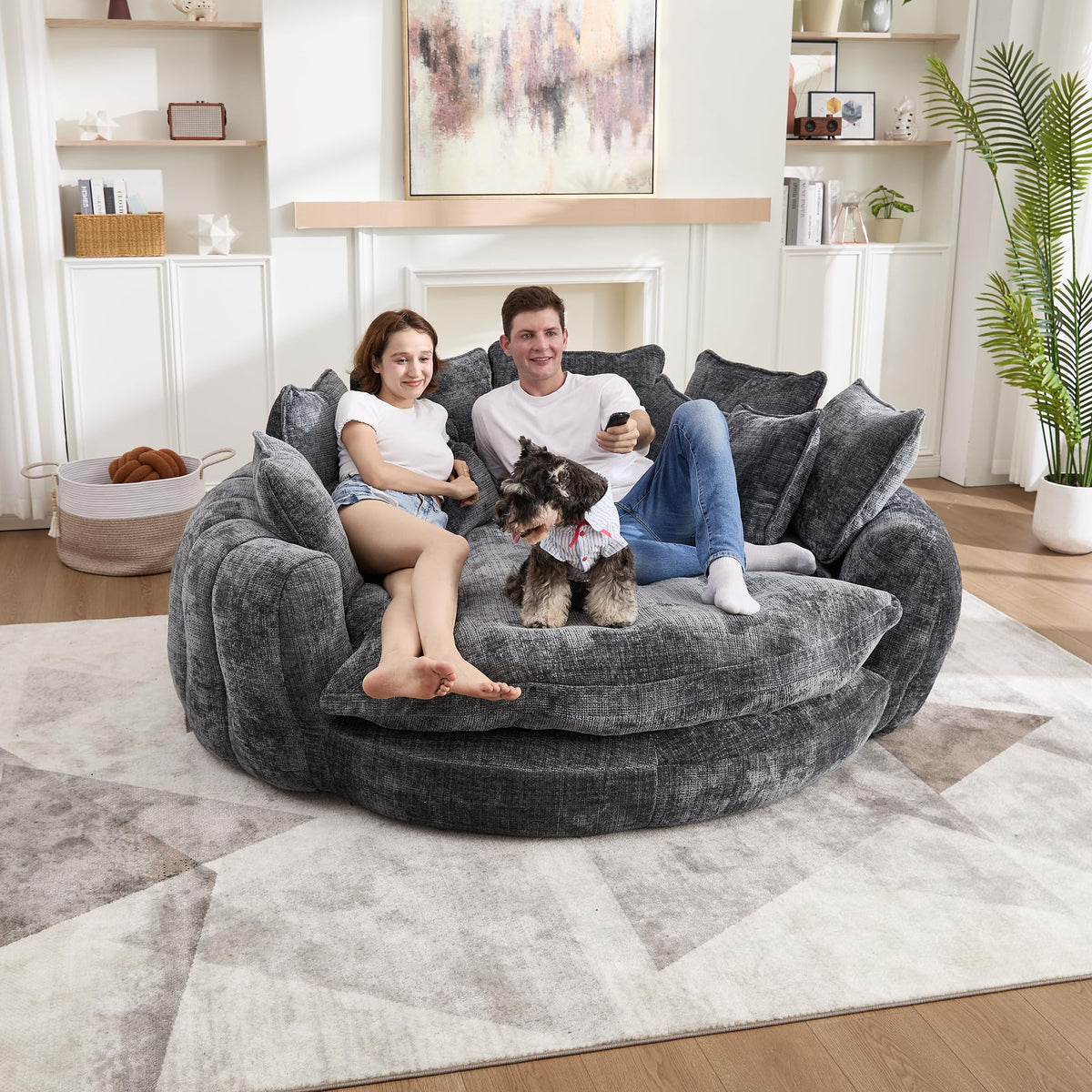 BEQAI 81" Round Sofa Bed, Oversized Chenille Bean Bag Couch, Dark Gray