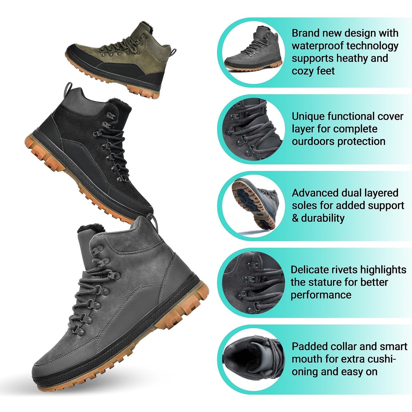 Wondamo Men's Snow Boots Lightweight Waterproof Winter Boots Fur Lined Anti-slip Cold Weather Shoes, Dark Grey, 13 US Men