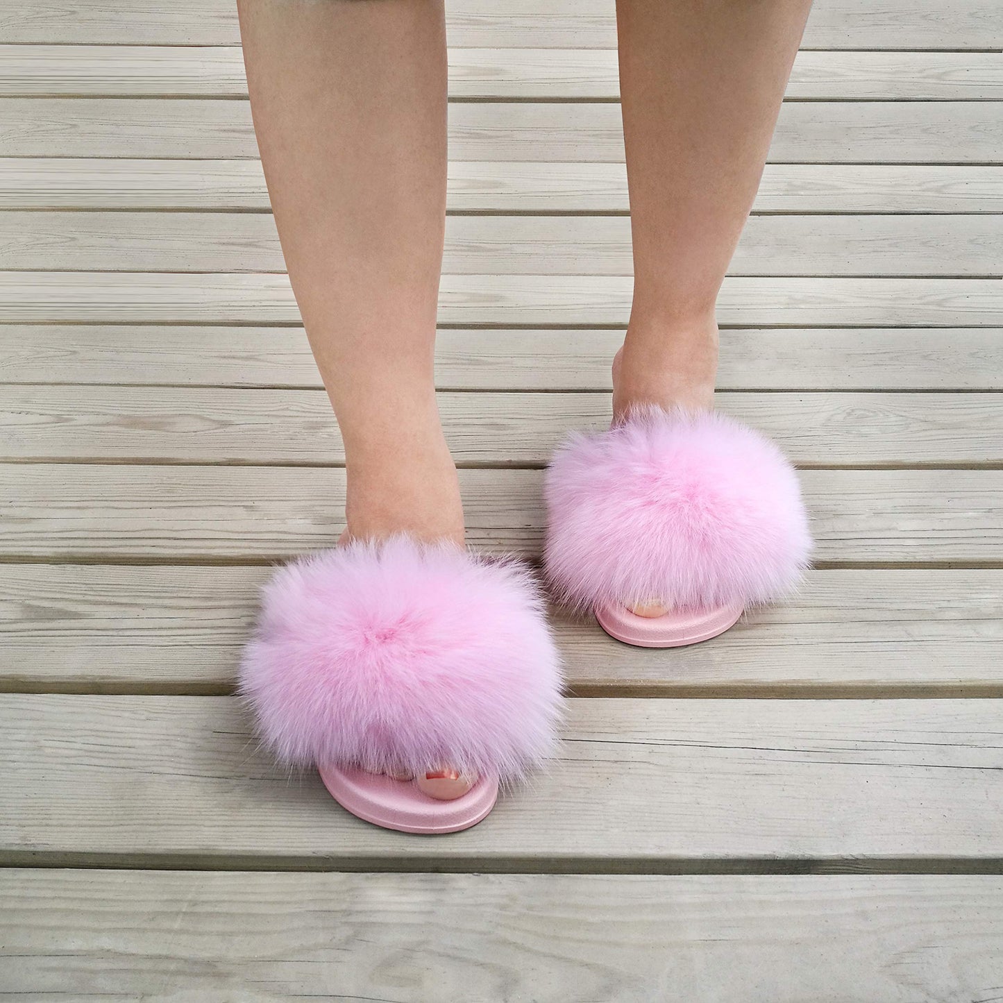 Women's Real Fox Fur Slides, Open Toe Cute Fluffy Fur Slippers, Indoor or Outdoor Comfortable Furry Fuzzy Soft Sandals Shoes