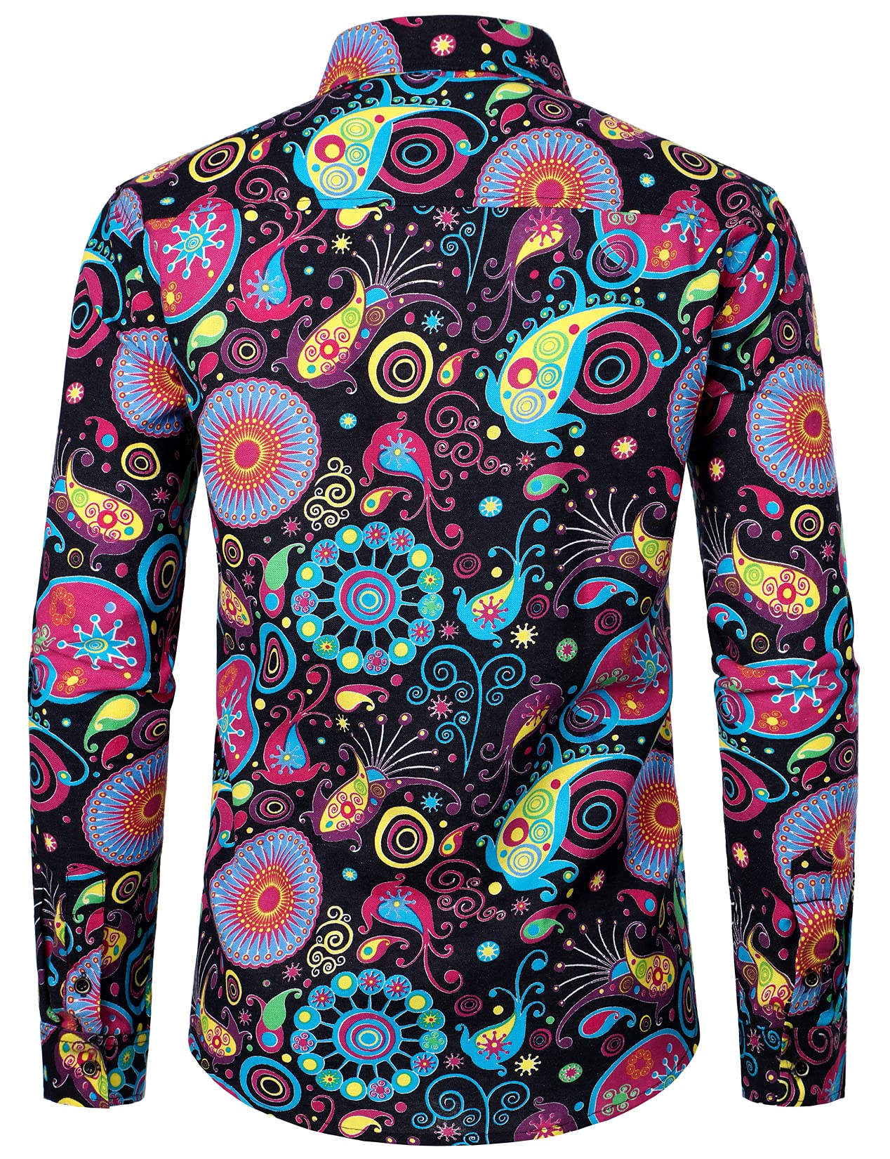 PARKLEES Men's Stylish 70s Paisley Pattern Printed Linen Long Sleeve Button up Shirt Multicolor Large