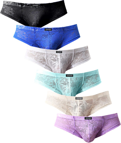 Men's Cheeky Boxer Briefs Sexy Thong Underwear Breathable Lace Mens Panties (Small, 6 Pack)