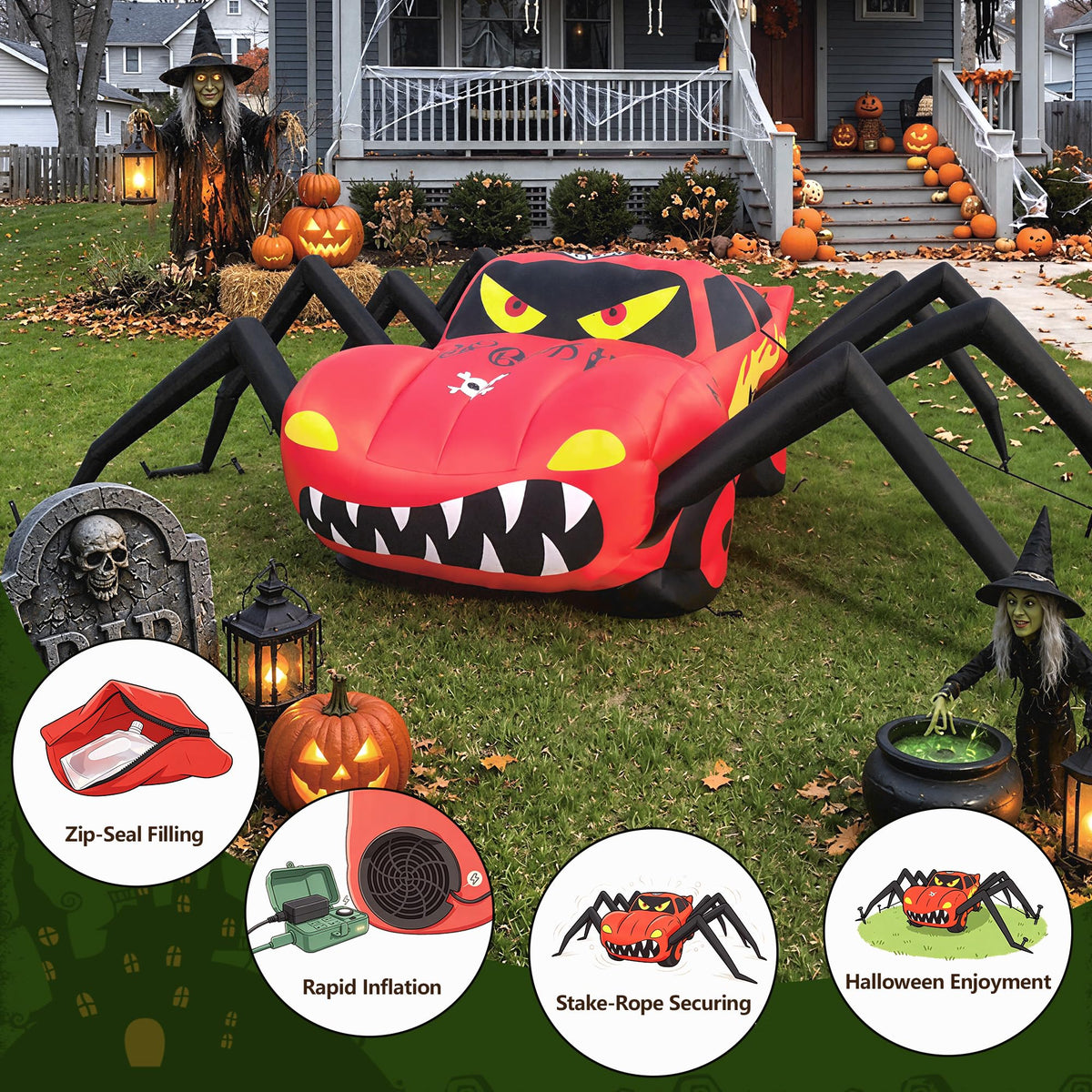 14.8 FT Giant Halloween Inflatables Spider Car Outdoor Decorations