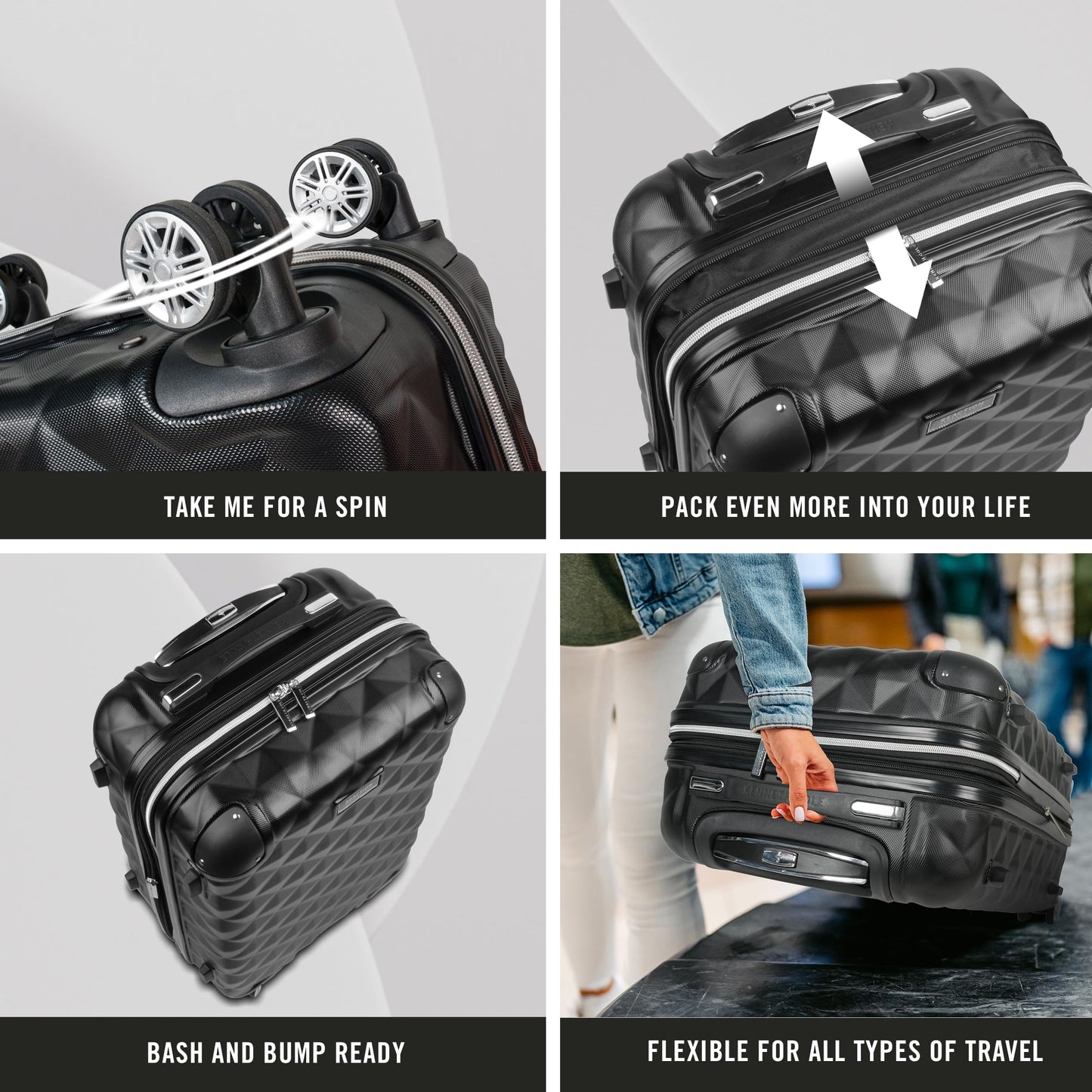 Kenneth Cole REACTION Diamond Tower Collection Lightweight Hardside Expandable 8-Wheel Spinner Travel Luggage, Black, 3-Piece Set (20", 24", & 28")