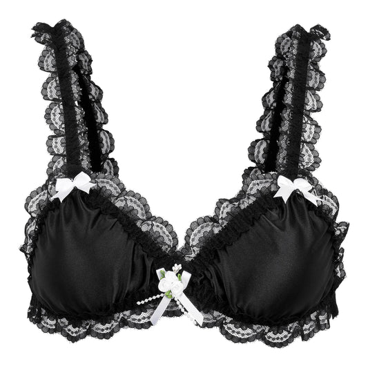 Satini Sissy Frilly Lace Fitted Satin Bralette (Black, XL)