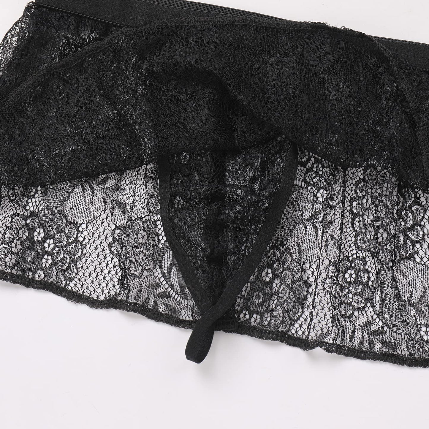 ABAFIP Men's Sissy Skirt Floral Skirted Sissy Thong Panties Crossdress Underpants Low Waist Sheer Bikini Briefs Underwear Black One Size