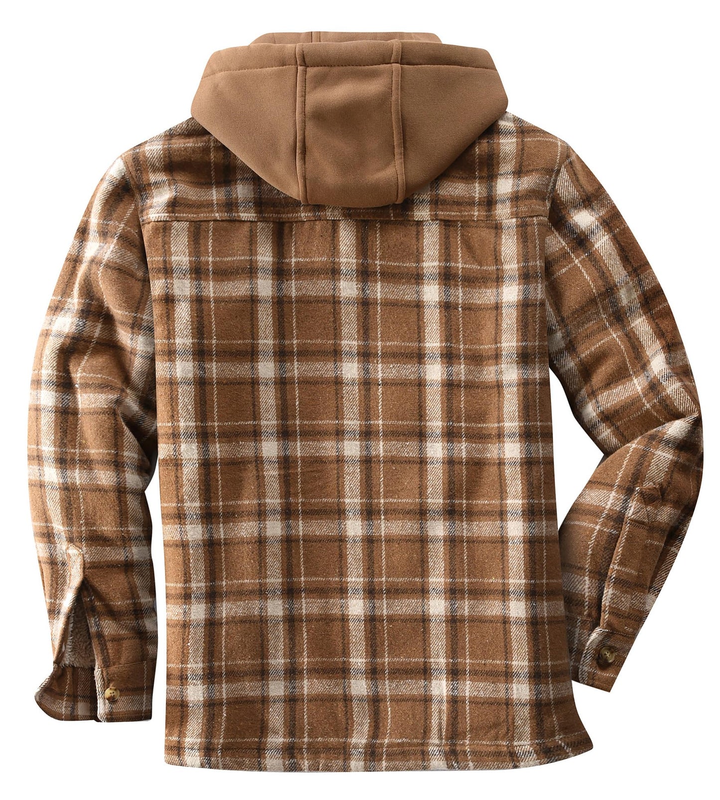 KOMANA Men's Zip Button Sherpa Plaid Flannel Shirt Jacket with Hood Brown Small