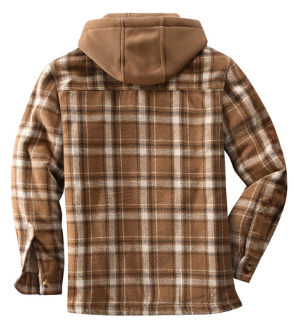 KOMANA Men's Zip Button Sherpa Plaid Flannel Shirt Jacket with Hood Brown Small