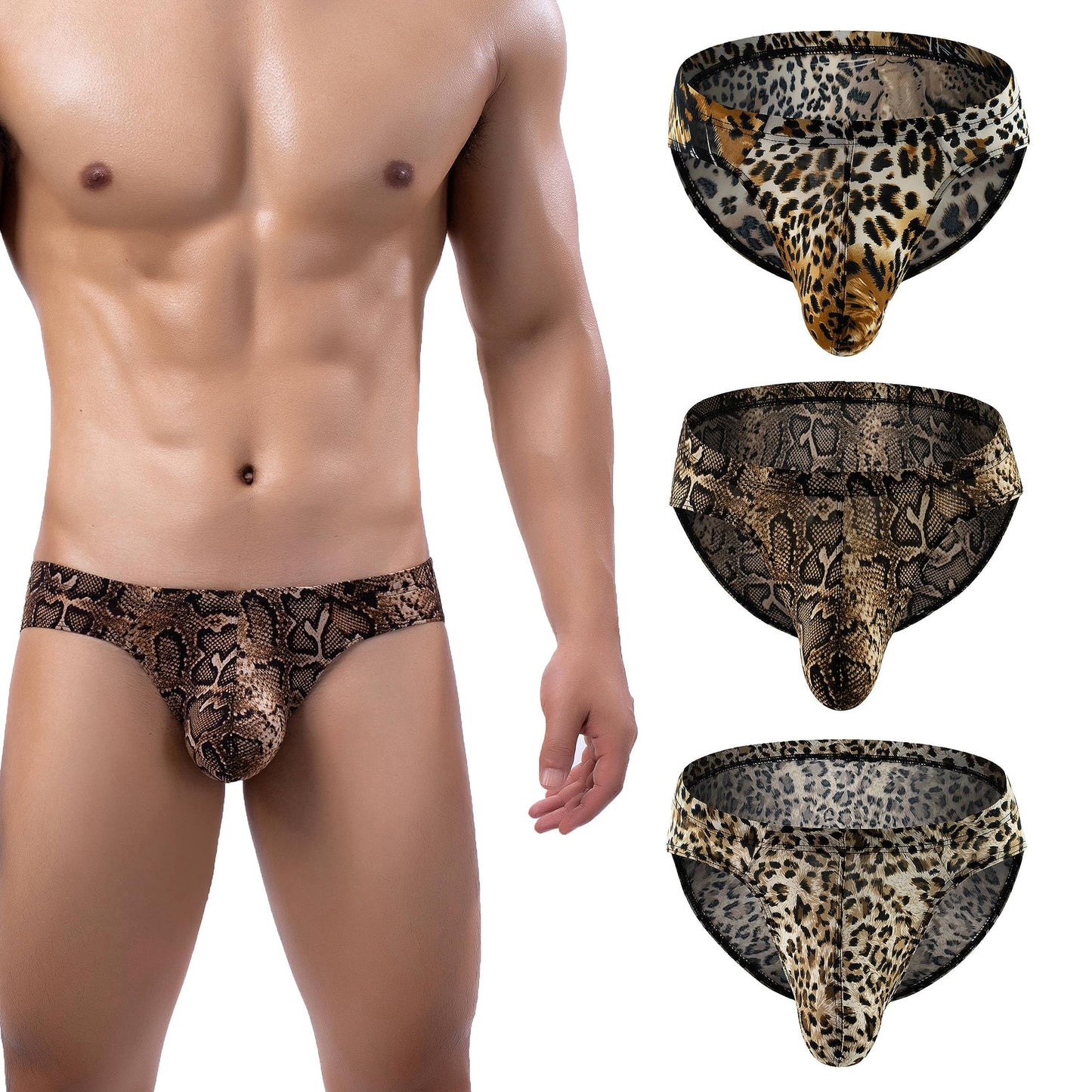3Pack Men's Ice Silk Low Rise Leopard Bikini Briefs Underwear Black Leopard Golden XL