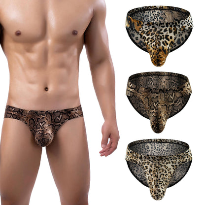 3Pack Men's Ice Silk Low Rise Leopard Bikini Briefs Underwear Black Leopard Golden XL