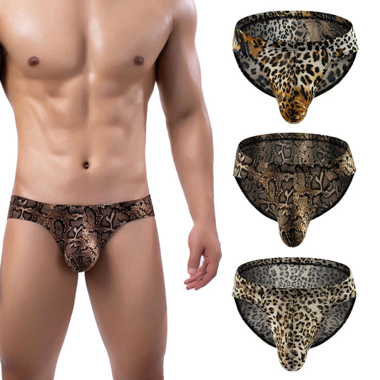 3Pack Men's Ice Silk Low Rise Leopard Bikini Briefs Underwear Black Leopard Golden XL