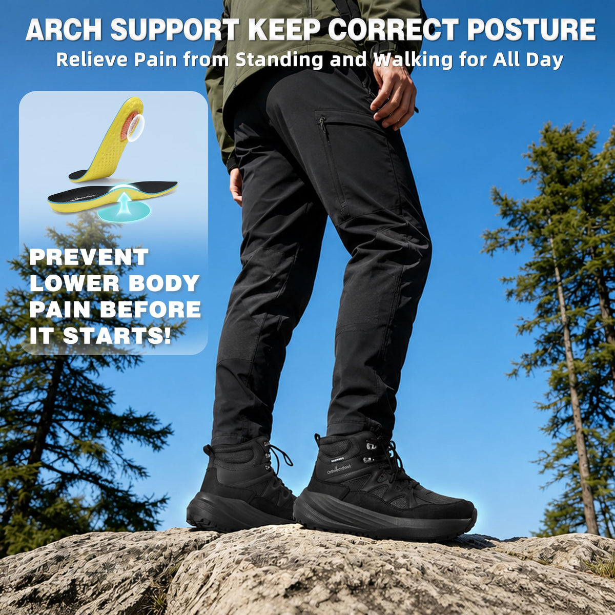 OrthoComfoot Men's Orthopedic Wide Waterproof Hiking Boots: Arch Support Plantar Fasciitis Ankle Support Mid Trekking Boots, Orthotic Non Slip Trail Shoes for Foot & Heel Pain Relief, Black, Size 12