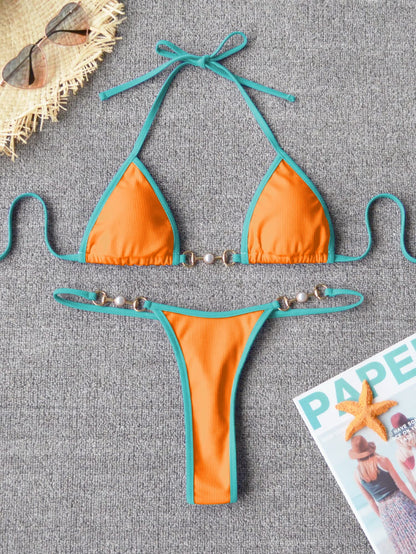 Women's Triangle Thong Bikini Set Sexy String Brazillian Two Piece Swimsuit Cute Bikini Bathing Suit - Orange - Small
