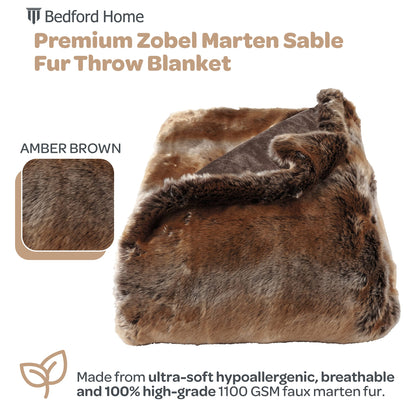 Faux Fur Throw - Luxurious, Hypoallergenic Premium Zobel Faux Marten Sable Fur Blanket with Plush Mink Back and Gift Box, 60x70” by Bedford Home (Amber Brown)