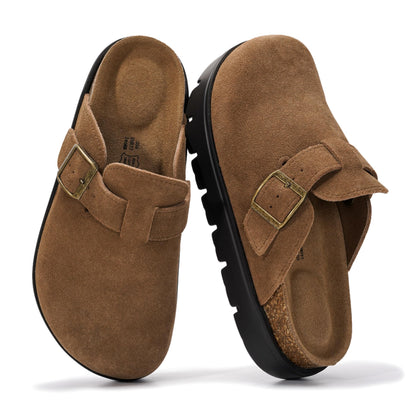 Project Cloud 100% Genuine Leather Platform Clogs for Women Footwear - Memory Foam Arch Support Cork Footbed Casual Shoes & Mules for Women 2026 (BentonChunky, CACAOSUEDE,6)