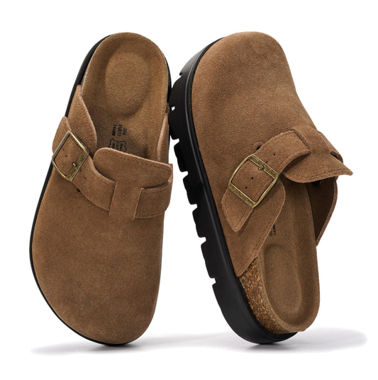 Project Cloud 100% Genuine Leather Platform Clogs for Women Footwear - Memory Foam Arch Support Cork Footbed Casual Shoes & Mules for Women 2026 (BentonChunky, CACAOSUEDE,6)