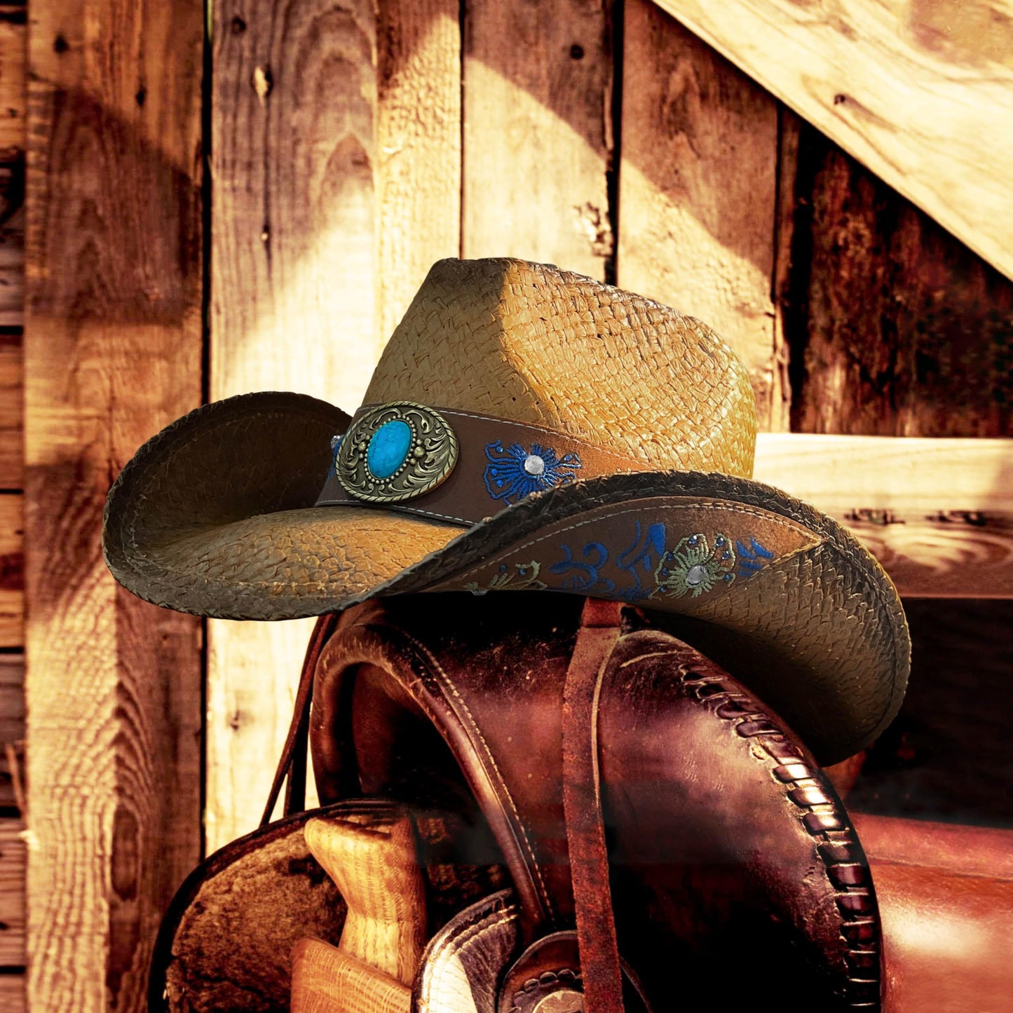 FLUFFY SENSE. Cowboy Hats for Women and Men Straw Western Hat Embroidered Cowboy Hat for Cowboys and Cowgirls (US, Alpha, Medium, Large, Brown)