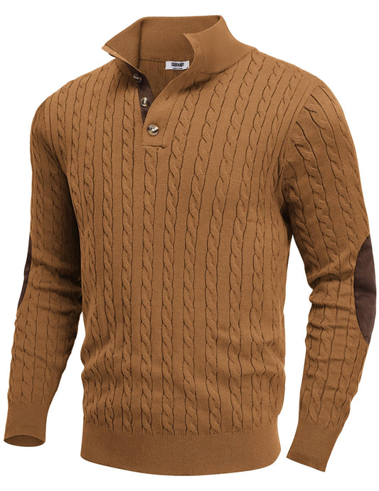 COOFANDY COOFNDY Mens Cable Knitted Pullover Sweaters Casual Long Sleeve Stand Collar Button Up Knit Sweaters Light Brown