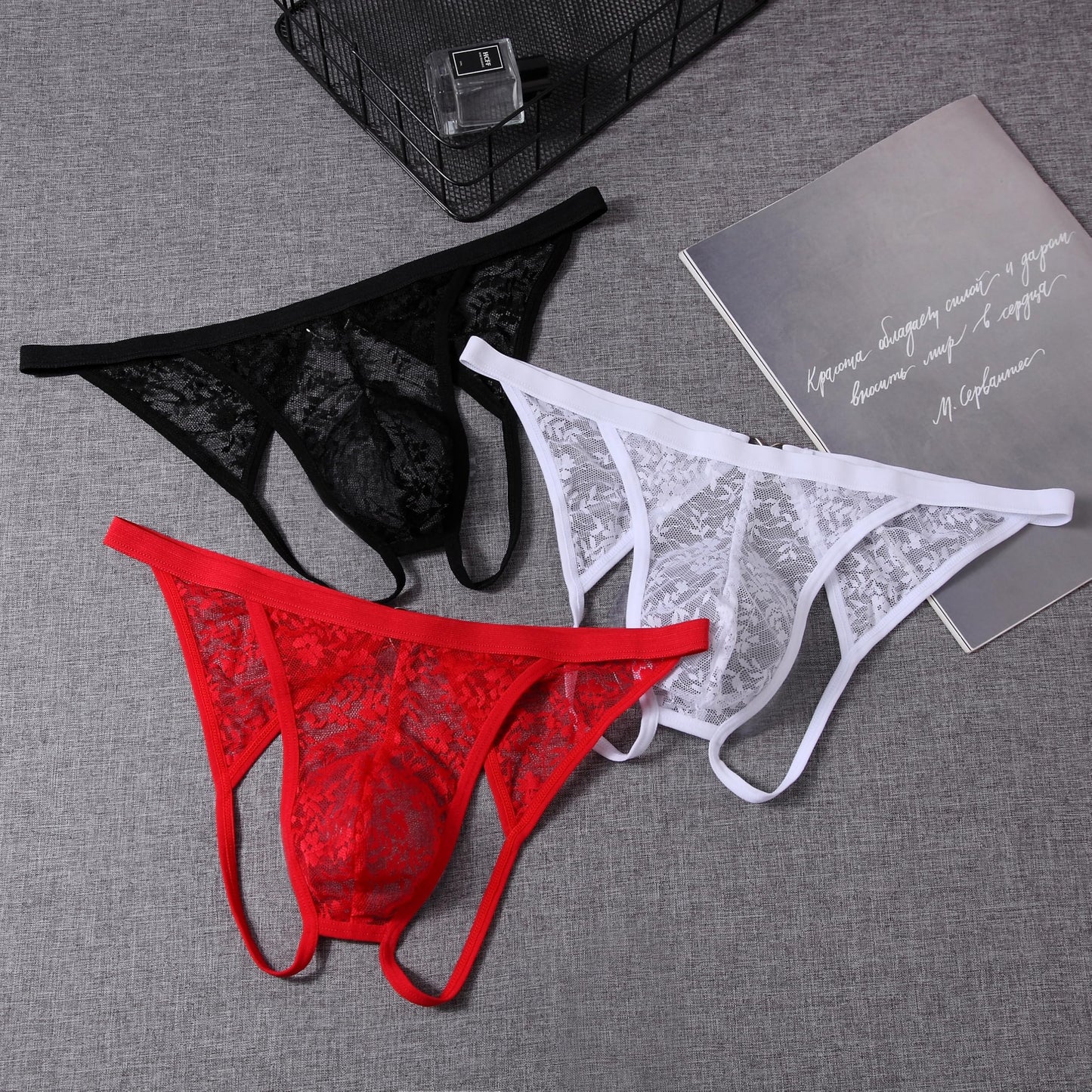 Men's Lace Underwear Open Back Sheer Sissy Pouch Panties Low Rise Sexy Femboy Lingerie Black