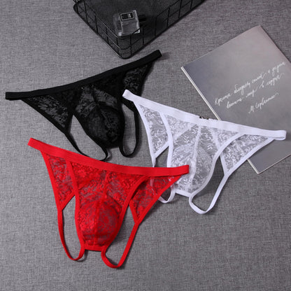 Men's Lace Underwear Open Back Sheer Sissy Pouch Panties Low Rise Sexy Femboy Lingerie Black