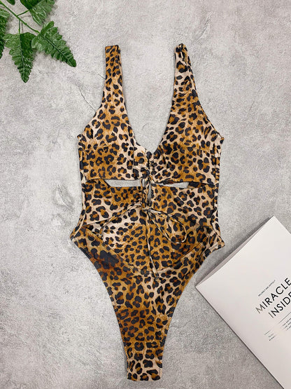 Women's Leopard Print Sexy Cutout Lace Up Backless High Cut One Piece Swimsuit Monokini S