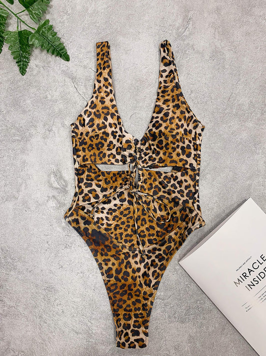 Women's Leopard Print Sexy Cutout Lace Up Backless High Cut One Piece Swimsuit Monokini S