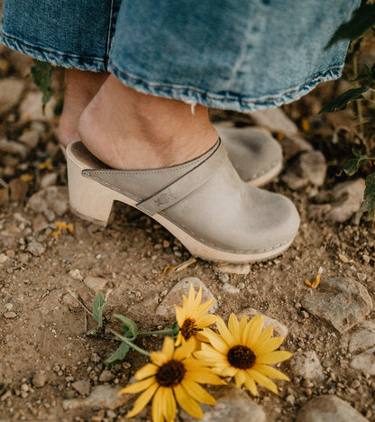 Sandgrens Handmade Swedish Wood Clogs for Women, High Heel Mule US 6 | Dublin Stone Nubuck LT, EU 37