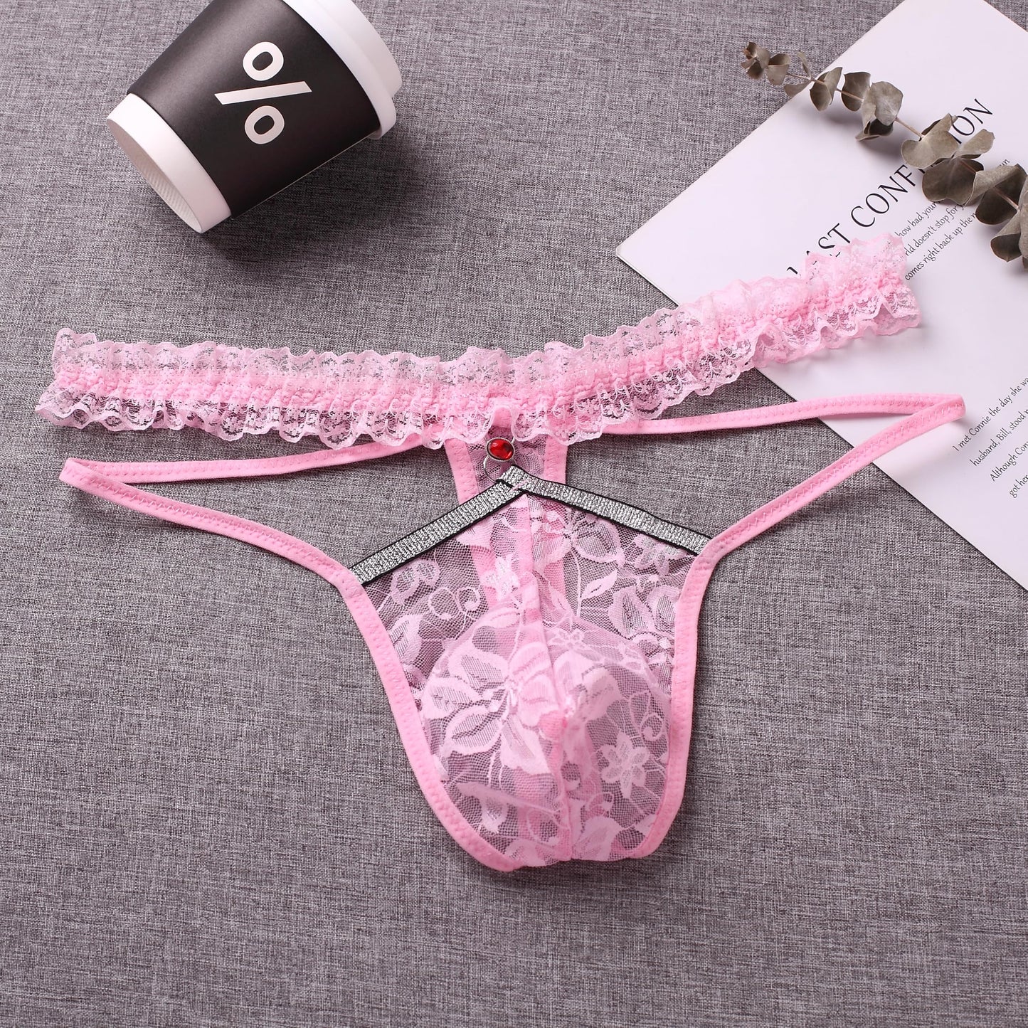 HAVBX Mens Lace Frilly Sissy Panties Pouch Thong, Feminine G string Underwear For Men Sexy Lingerie (US, Alpha, One Size, Regular, Regular, Pink)