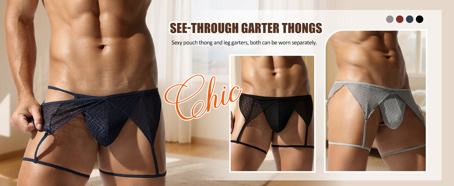 Men's Sissy Lingerie Sheer Mesh G-string Thong Lace Panties Garter Band Crossdresser Underwear Navy Blue Large