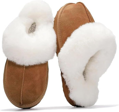 Project Cloud 100% Genuine Leather Slippers for Women Footwear with Genuine Fur Lining Womens Clogs & Mule - Non-slip Indoor/Outdoor Scuff Womens Slippers with Memory Foam Insole (Henka,CHSTNUT,6.5)
