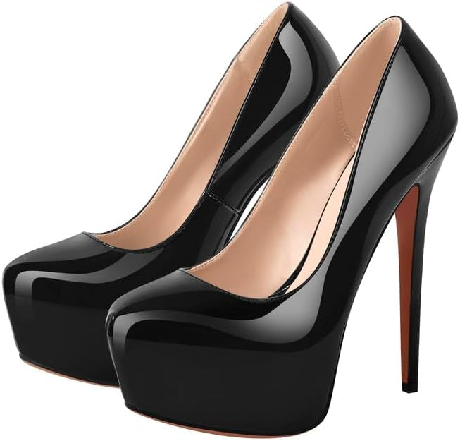 Richealnana Women's Platform Stiletto High Heel Pumps Sky High Round Toe Slip On Classic Pumps for Party Prom Dress 6 Inch Pull On Black US 14