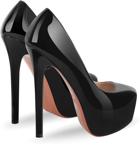 Richealnana Women's Platform Stiletto High Heel Pumps Sky High Round Toe Slip On Classic Pumps for Party Prom Dress 6 Inch Pull On Black US 14